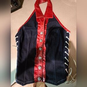 RARE ELECTRIC BARBARELLA 90'S 2000'S RED LEATHER AND DENIM HALTER TOP SIZE S